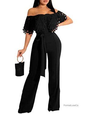 Off Shoulder Wide Leg Jumpsuit Women High Waist Ruffle Long Pants Romper